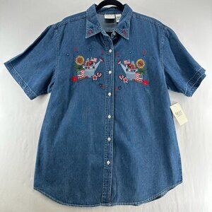 Vtg Quizz Again Jeans Denim Shirt Women XL Short Sleeve Button Up Patriotic Blue